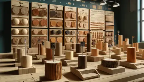 Various wood types, like pine, cedar, oak, and walnut, showcased in detailed 3D render.