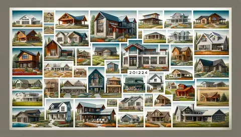 Collage of diverse 2024 house designs including modern, farmhouse, and ranch styles.