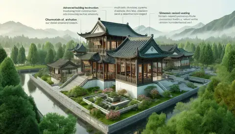Ancient Chinese building with modular construction and natural garden integration.