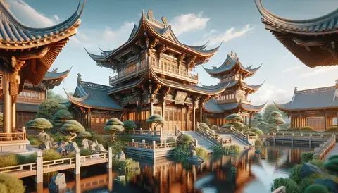 Traditional ancient Chinese architecture with serene garden features.