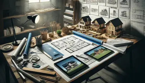 Architect's workspace with blueprints and digital models of various house styles.