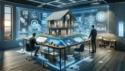 Modern architectural studio with advanced 3D modeling tools and holographic displays.