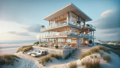 Beachfront residence with panoramic ocean views and expansive decks.