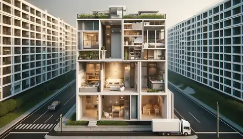 Compact micro-apartment complex with multifunctional furniture and vertical gardens.