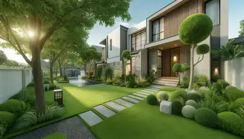 Modern home exterior with lush greenery and a stone pathway.