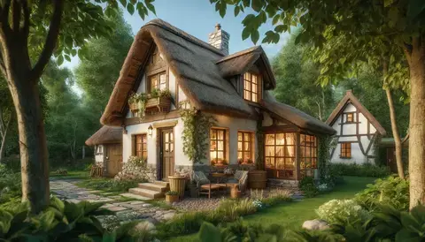 Charming rustic cottage with thatched roof, stone walls, and cozy interior visible through windows.