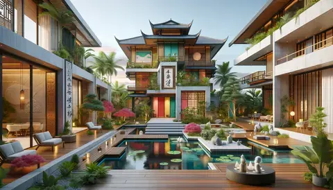 Architectural fusion of Asian minimalism and tropical modernism with natural elements.