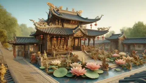 Ancient Chinese architecture with traditional roofs and Feng Shui layout.