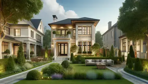 Elegant residential exterior with classic and modern elements, lush garden.