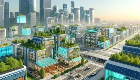 Modern urban landscape featuring sustainable architecture with green roofs and smart homes.