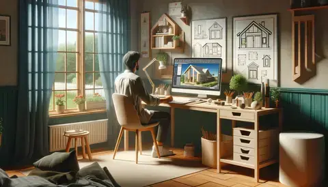 Homeowner planning house design at a cozy home office desk.
