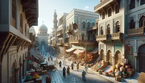  Lively scene in Islamic Cairo with souks and Islamic architecture.