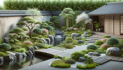 Serene Japanese-inspired garden with water features and lush foliage.