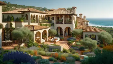 Mediterranean home with stucco exteriors, terra cotta roof, and lush courtyards.