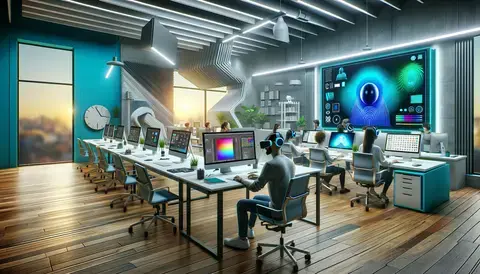 Modern design studio with advanced tools, including VR technology.