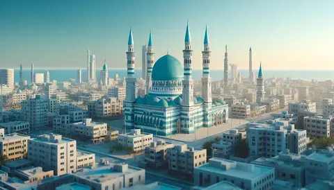 Modern Gaza City skyline with a Mosque in shades of blue and green.