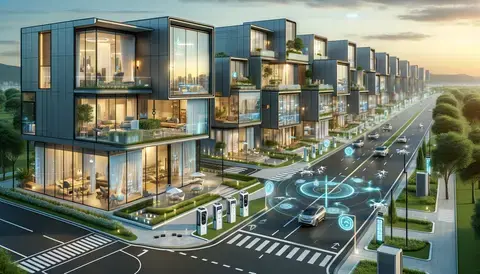 Modern high-tech residential area with smart homes, solar panels, and green spaces.