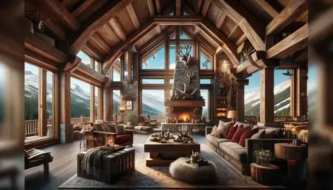 Cozy mountain chalet with exposed timber, stone fireplace, and alpine views.