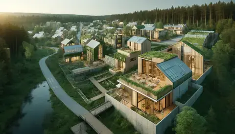 Eco-friendly homes with natural materials, green roofs, and forest views.