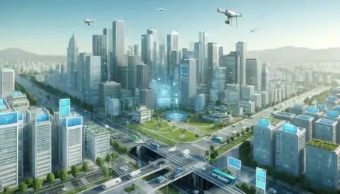 Futuristic cityscape with digital interfaces and green technology.
