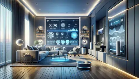 Smart home living room with integrated technology and modern decor.