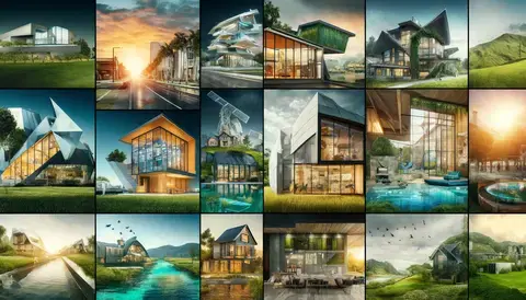 Collage of diverse new house designs from smart homes to natural retreats.