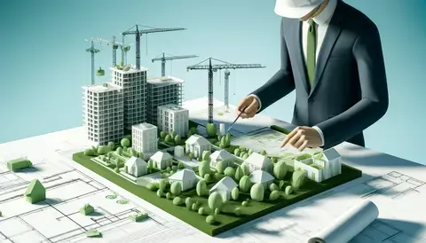 A construction manager reviewing green building plans at a modern construction site, highlighting sustainable technologies and materials, with cranes and buildings in progress.