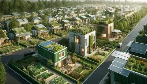 Eco-friendly community with green homes, solar panels, and lush vegetation.