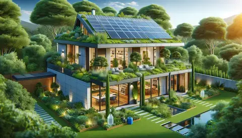 Eco-friendly home with solar panels, green roof, and rainwater systems.