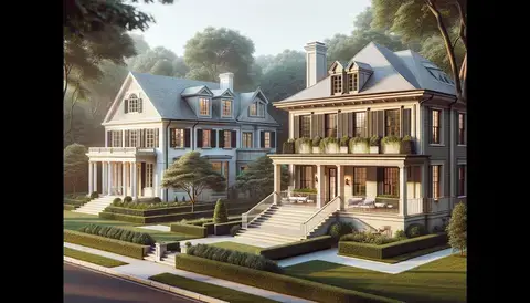 Colonial and transitional homes in a lush suburban setting with classic and modern elements.