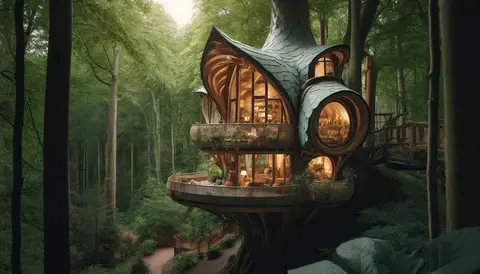Whimsical treehouse nestled among treetops, blending with nature.