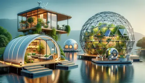 Collection of unique living concepts including a floating house, geodesic dome, and futuristic pod.