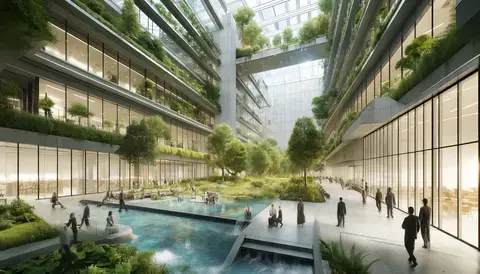 Modern building with indoor forest and water features, blending nature with urban architecture.