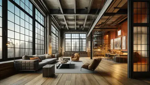 Industrial-inspired urban loft with exposed brick, high ceilings, and expansive windows.