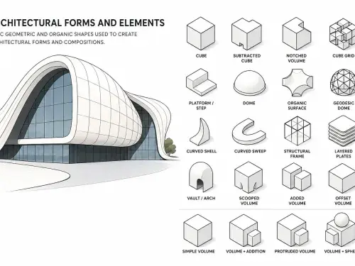Architectural form study plate showing many basic architectural form types.