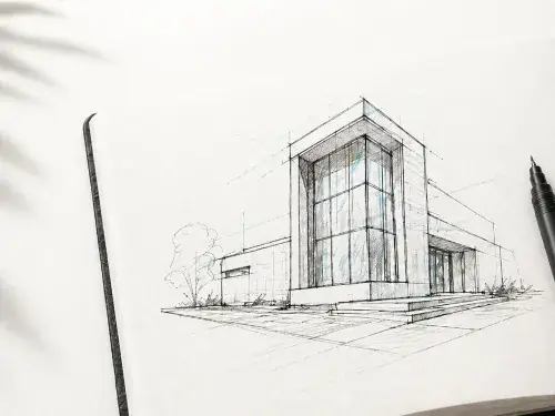 Architectural sketching tools, compass, and hand-drawn building sketches.