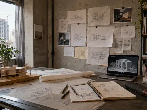 Home architecture studio with laptop, physical model, pinned drawings, sketchbook, and drafting tools for online architecture degree study.