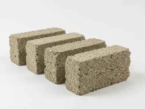 Four rectangular hempcrete blocks stacked staggered.