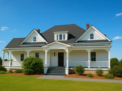 1930s Folk Victorian farmhouse with porch.