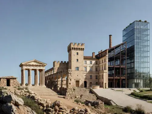 Architectural forms evolving from early stone shelter and classical temple to fortified masonry and contemporary glass construction.
