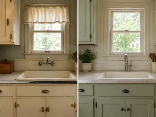 Side-by-side view of a 1930s kitchen sink and a modern renovated sink area.