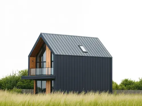 Modern green dark-paneled cabin with wooden accents.