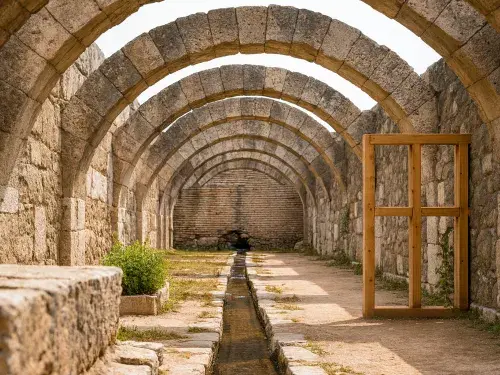 Ancient Roman stone arches with a water channel in Izmir, Türkiye.