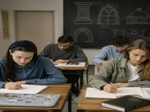 Architecture entrance exam students working quietly on sketching and design exercises at classroom desks.