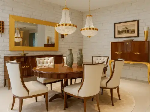 A dining room with stone accent wall, gold chandeliers, and cream upholstered chairs.