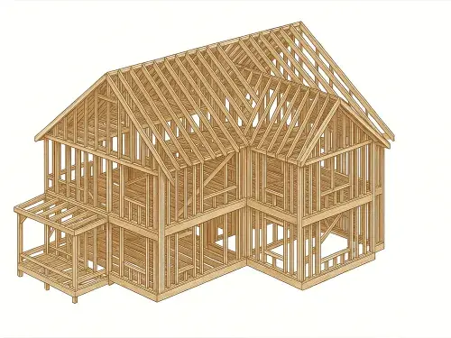 Two-story wood-framed house showing structural framing members, accurate joinery, and full load path alignment.