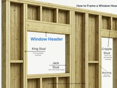 Infographic showing step-by-step window header framing with king studs, jack studs, and load path alignment.