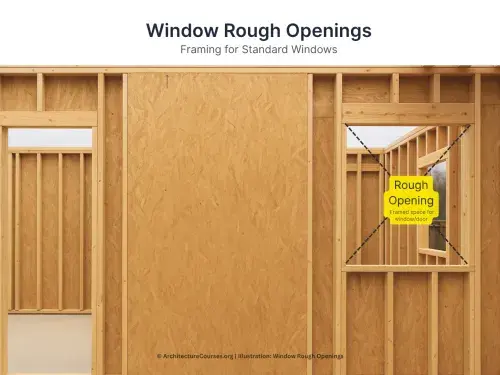Diagram showing framing of a standard window rough opening with header and side studs.