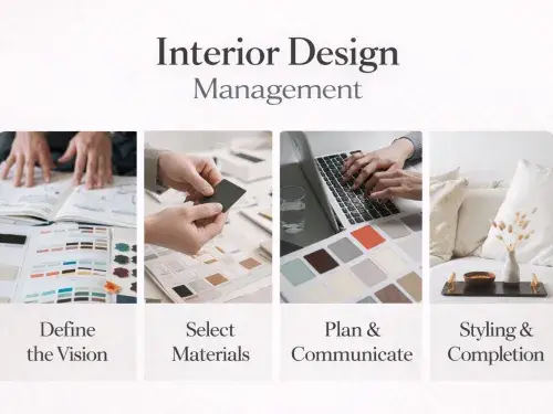 Interior design management workflow showing planning, coordination, and final styling.