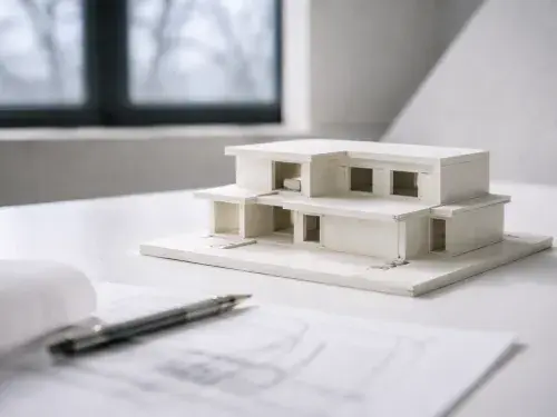 Close-up of architectural concept sketch drawn over grid lines showing basic form exploration and proportional study.